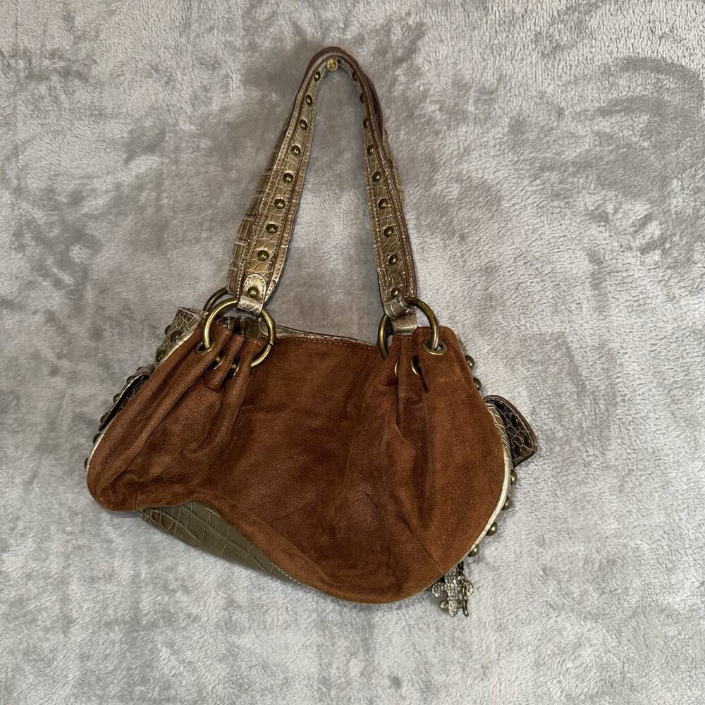Vintage Kathy Van Zeeland Brown Suede Hobo Shoulder Bag Croc Embossed Y2K Purse - Picture 4 of 11